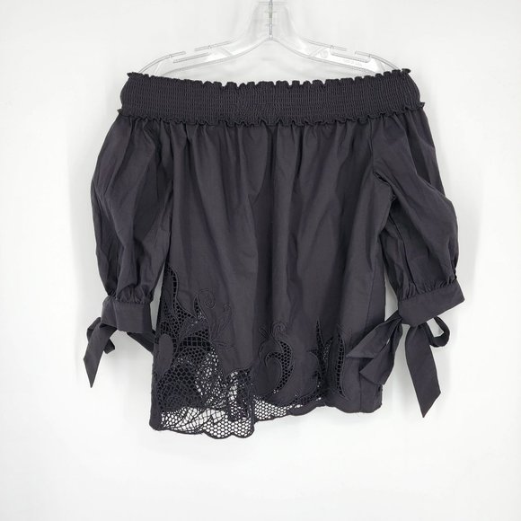 Chelsea28 Off The Shoulder Cropped Blouse XS Black ¾ Tie Sleeve Floral Cutout - Picture 4 of 12